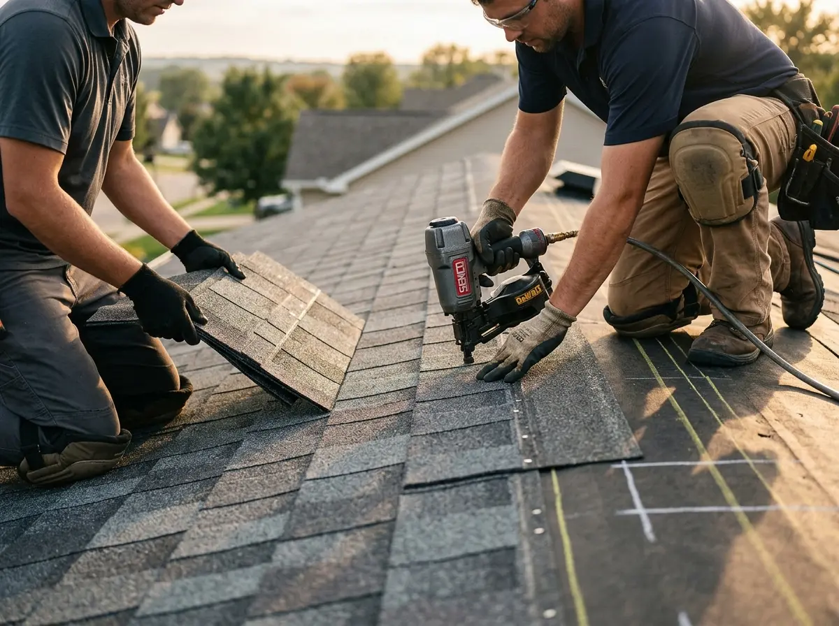 Professional roofer working on a residential roof in Sinton